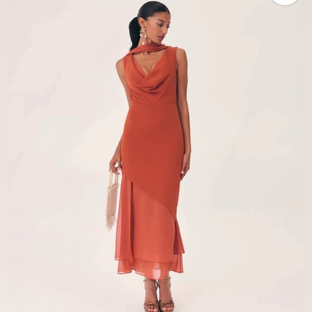 Lady Pipa Terracotta Cowl Neck Sheath Midi Dress